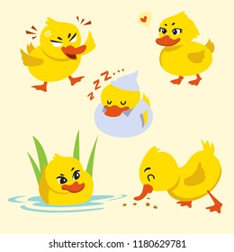 Simple little yellow duck cartoon set with various expression