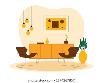 Simple living room concept, cupboard, plant pot, flower vase, hanging lamp and geometric painting, interior vector illustration.