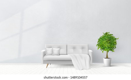 Simple Living Room Interior With Gray Sofa, Pillows, Plaid And Plant. EPS10 Vector