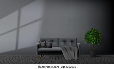 Simple Living Room Interior With Gray Sofa, Pillows, Plaid And Plant. EPS10 Vector