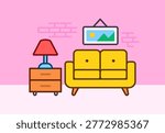 Simple living room scene with sofa, lamp, and wall art on a pink background clean flat cartoon style ideal for home, interior, and lifestyle design concepts vector illustration hand drawn style