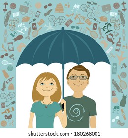 Simple living. Young couple trying to reduce consumption of consumer goods, covering under umbrella from the rain of unnecessary things, vector illustration