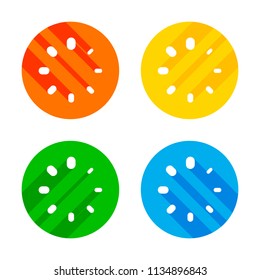 Simple loading symbol. Flat white icon on colored circles background. Four different long shadows in each corners