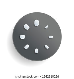 Simple loading symbol. White paper symbol on gray round button or badge with shadow