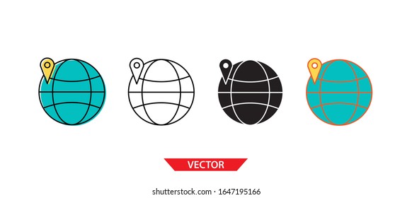 Simple location on globe icon on white background 4 types such as outline, black, color, outline and color. Vector illustration.