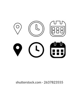 Simple Location, Time, and Date Icons Minimalist Vector Graphics