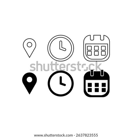 Simple Location, Time, and Date Icons Minimalist Vector Graphics