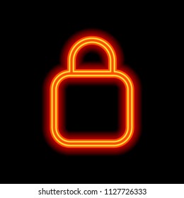 Simple lock icon. Linear symbol, thin outline. Orange neon style on black background. Light icon