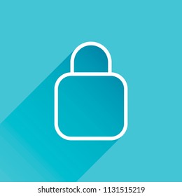 Simple lock icon. Linear symbol, thin outline. Gray icon with long shadow in bottom left corner on blue background