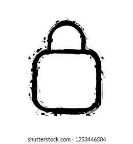 Simple lock icon. Linear symbol, thin outline. Black ink with splashes on white background