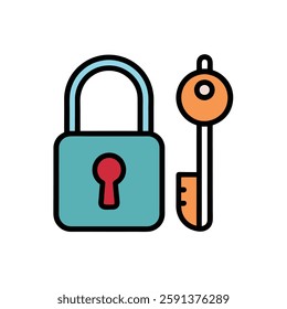 a simple lock and key icon. The lock is teal with a red keyhole, and the key is orange with a circular head and a notch for unlocking