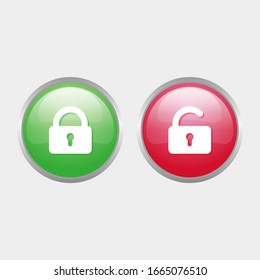 simple bloqueo y desbloqueo brillante icono con diseño de color verde y rojo, símbolo de botón brillante de círculo vectorial para sitio web, publicidad, impresión 