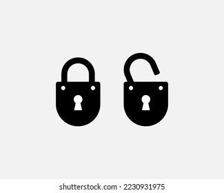 Simple lock and unlock padlock icon set with black color for security on white background.