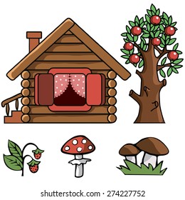 Simple log house. Vector illustration. Cartoon style.