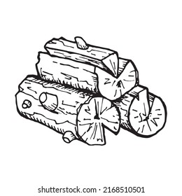 Simple pila de registro lista para el fuego del campamento, dibujo de contorno dibujado a mano. Piel simple de leña, símbolo de dibujo de lápiz caricaturizado. Dibujo de objetos 3d de madera. Los registros de la rama de la naturaleza describen detalles de la silueta.
