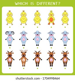 Simple logic game for kids. Find the odd one in the group. Vector worksheet