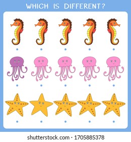 Simple logic game for kids. Find the odd one in the group. Vector worksheet