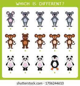 Simple logic game for kids. Find the odd one in the group. Vector worksheet