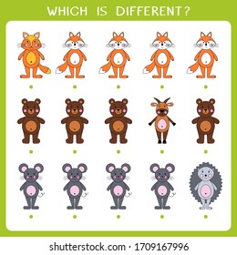 Simple logic game for kids. Find the odd one in the group. Vector worksheet