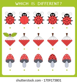 Simple logic game for kids. Find the odd one in the group. Vector worksheet