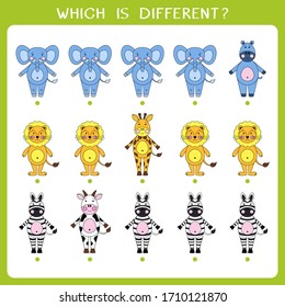 Simple logic game for kids. Find the odd one in the group. Vector worksheet