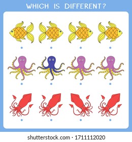 Simple logic game for kids. Find the odd one in the group. Vector worksheet