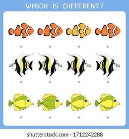 Simple logic game for kids. Find the odd one in the group. Vector illustration