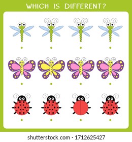 Simple logic game for kids. Find the odd one in the group. Vector worksheet