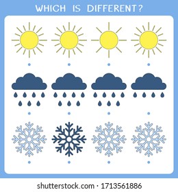 Simple logic game for kids. Find the odd one in the group. Vector worksheet