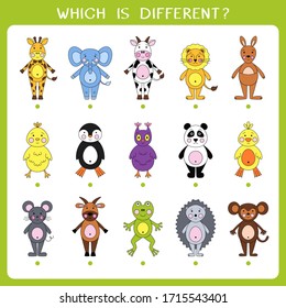 Simple logic game for kids. Find the odd one in the group. Vector illustration