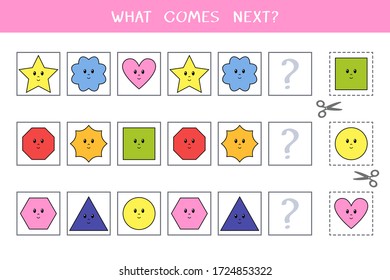 Simple logic game for kids. Find the next object in the row. Cut and glue. Vector illustration