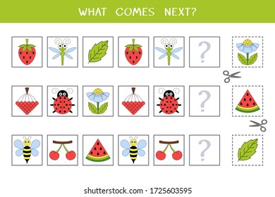 Simple logic game for kids. Find the next object in the row. Cut and glue. Vector illustration