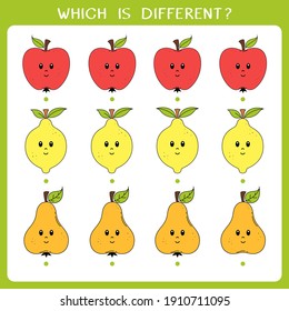 Simple logic game for kids. Find the odd one in the group. Vector worksheet