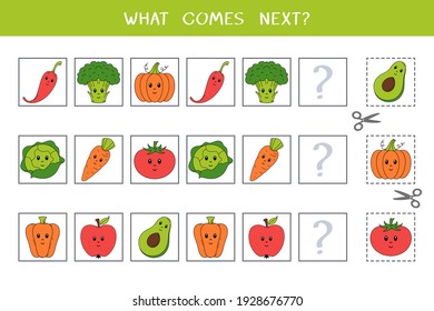 Simple juego lógico para niños. Buscar el siguiente objeto de la fila. Cortar y pegar. Hoja de cálculo del vector