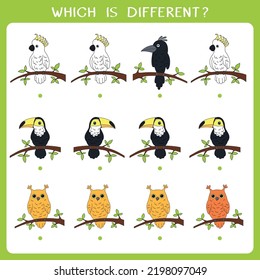 Simple logic game for kids. Find the odd one in the group. Vector worksheet