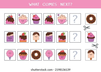 Simple logic game for kids. Find the next object in the row. Cut and glue. Vector worksheet