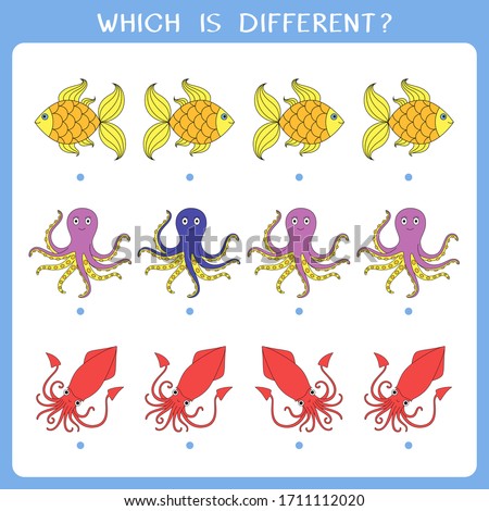 Simple logic game for kids. Find the odd one in the group. Vector worksheet