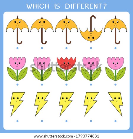 Simple logic game for kids. Find the odd one in the group. Vector worksheet