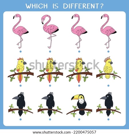 Simple logic game for kids. Find the odd one in the group. Vector worksheet