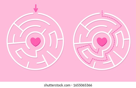 Simple logic game with labyrinth way to heart. Finding exit path rebus