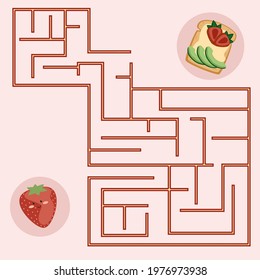 Simple logic game with labyrinths way for children. Maze game for kids. Vector illustration on white background. Cute strawberry and toast. Vector cartoon strawberr. Vector illustrations for children 