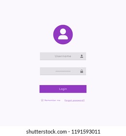 Simple login form page template flat style for app development, smartphone mockups, website ui elements, online login form, registration, user profile, access to account concept. Vector 10 eps