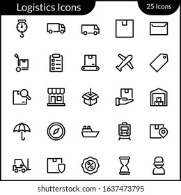 Simple Logistics Icon Set With Line Style Contain Such Icon as Delivery, Packaging, Shipping, Transport, Time, Forklift, Shop, Protection, Insurance, Weighing, Courier, and more. 48 x 48 Pixel Perfect