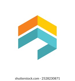 Un logotipo simple de una insignia hexagonal abstracta que parece rango militar en color azul y naranja sobre un fondo blanco