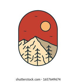 plantilla de diseño de montaña de placa de logotipo simple, para impresiones en pantalones, parches, emblemas, carteles, insignias y etiquetas y otros usos