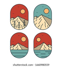 plantilla de diseño de montaña de placa de logotipo simple, para impresiones en pantalones, parches, emblemas, carteles, insignias y etiquetas y otros usos