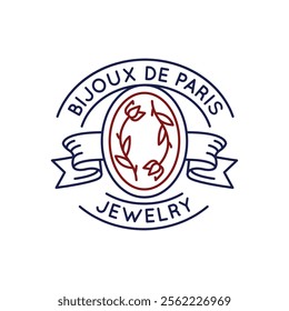 Simple Logo with Bijoux de Paris jewelry icon. Simple Logo with fashion design and tailoring. Perfect for use in fashion, clothing, and boutique branding projects. Vector illustration