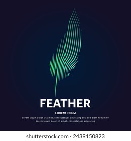 simple logo Bird Feather Illustration in a linear style. Abstract line art green feather Ecology Logotype concept icon. Vector logo feather color silhouette on a dark background. EPS 10