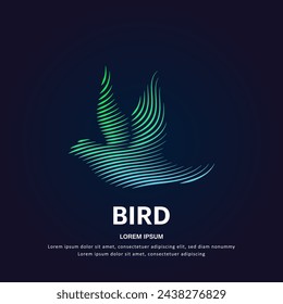 simple logo Bird Illustration in a linear style. Abstract line art green Bird Ecology Logotype concept icon. Vector logo Bird color silhouette on a dark background. EPS 10