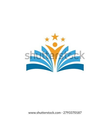 A simple logo of a book with a happy human being and a star above it.